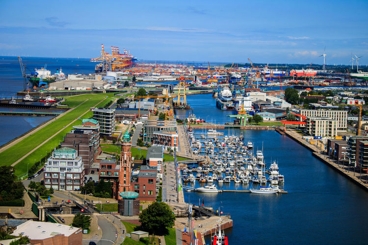 High angle view of commercial dock against sky