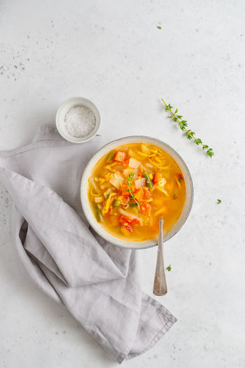 High angle view of soup in bowl on table