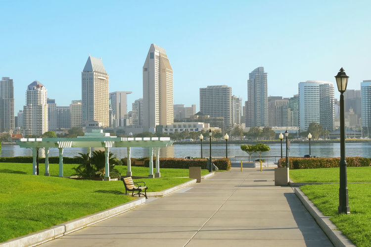  view from coronado island to downtown san diego city in the early morning on a sunny day.
