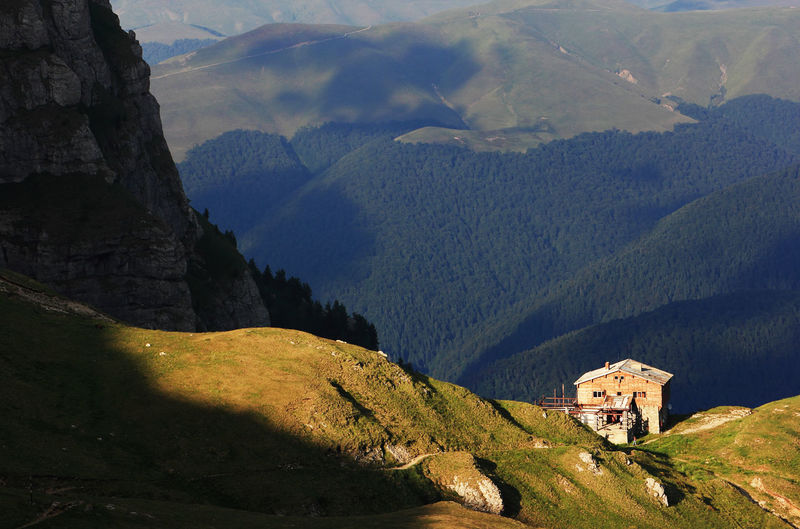 High angle view of chalets on mountain at bucegi natural park