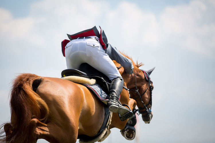 Low section of jockey jumping horse against sky