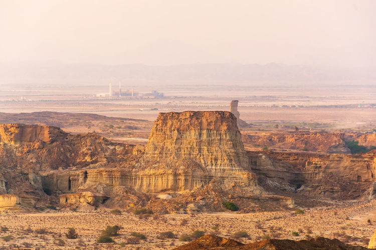 Table-top or flat top mountains in chabahar at sunset, baluchistan province. deep valleys in iran.
