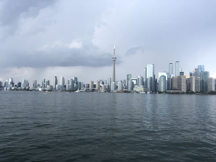 Toronto skyline from the islands with stormy clouds
