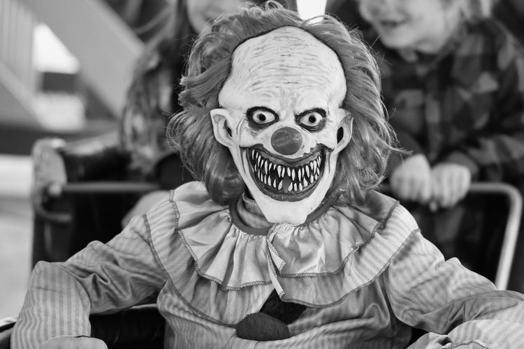 Portrait of person wearing clown mask