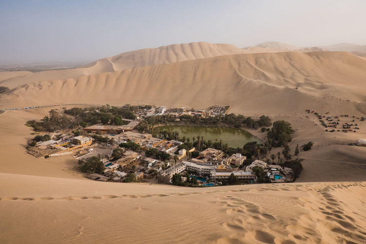 Aerial view of huacachina oasis in peru. 