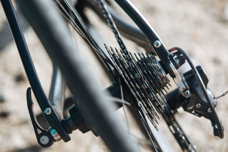 Close-up of gears in bicycle wheel