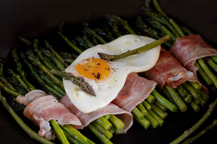 Bacon wrapped asparagus with a fried egg on the top