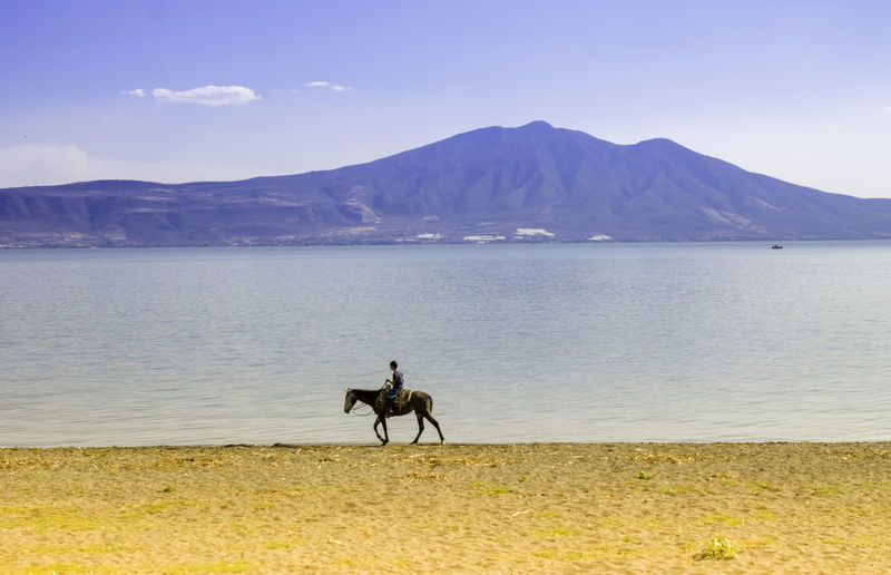 Man riding horse on lakeshore against mountain