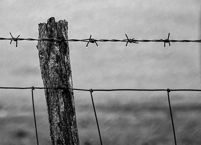 Low angle view of barbed wire against sky