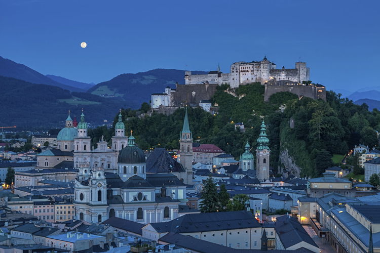 Salzburg with hohensalzburg fortress by night, salzburger land, austria