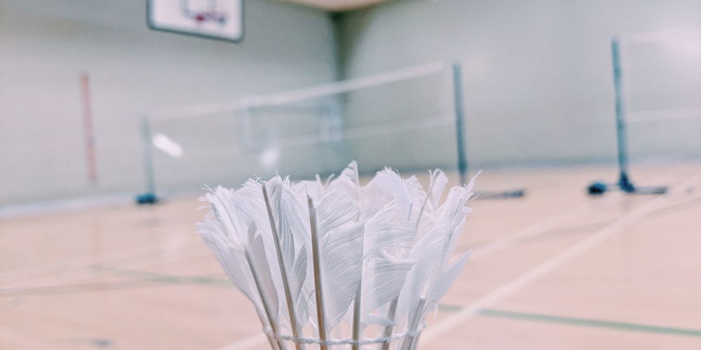 Close-up of badminton cock in sports hall against wall