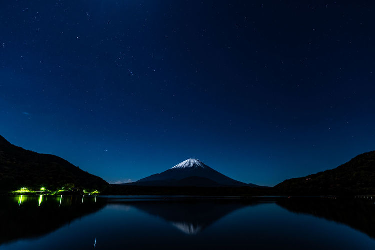 Scenic view of lake and snowcapped volcano against sky at night