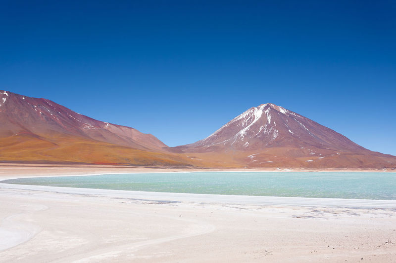 Scenic view of snowcapped mountains against clear blue sky