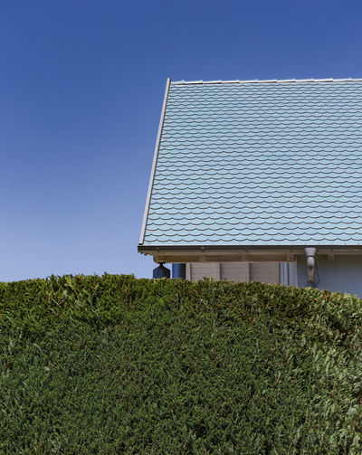 Hedge by house against clear sky