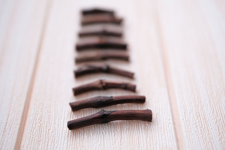 Close-up of wooden clothespin on table