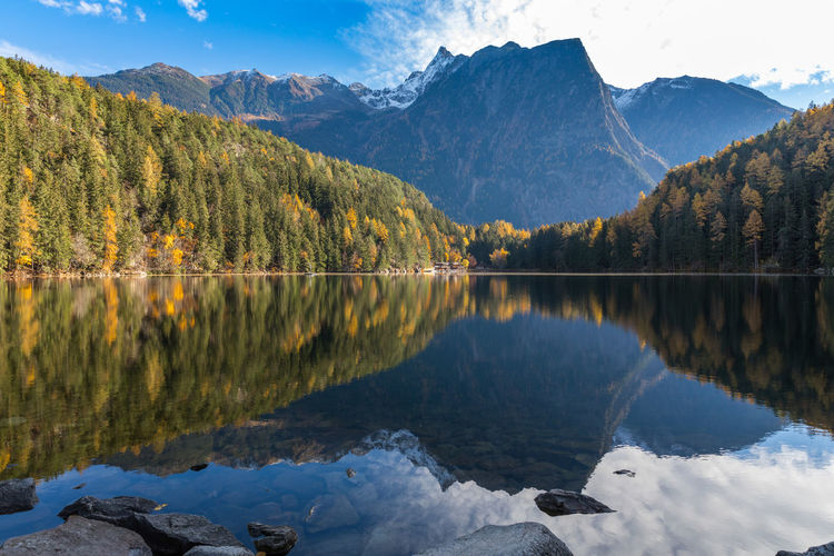Scenic view of lake by mountains against sky