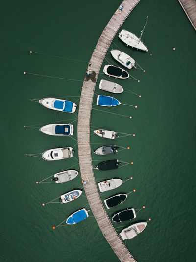 Top view of yachts in the harbor, aerial shoot with drone. concept of tourism and recreation.