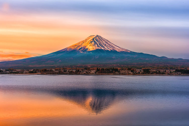 Scenic view of lake and mt fuji against cloudy sky