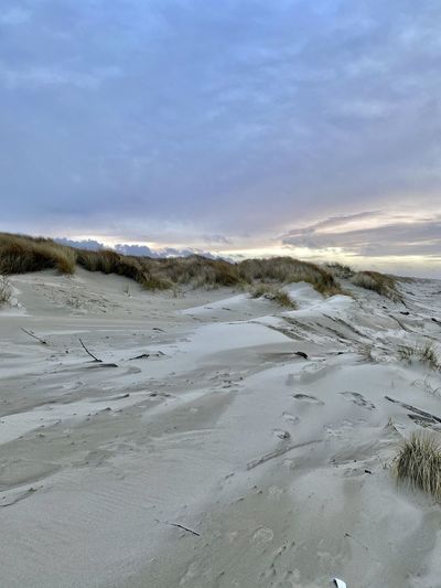 Scenic view of beach against sky during winter