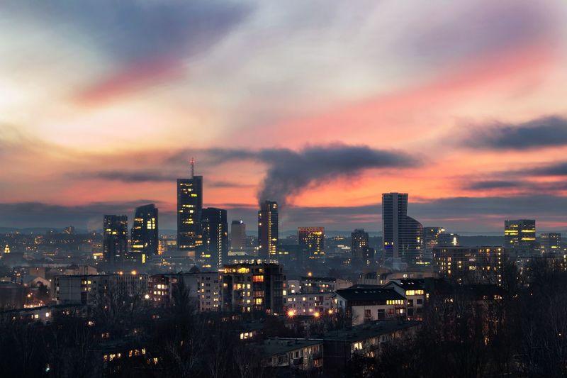Colorful sunset of skyline of vilnius, capital of lithuania...