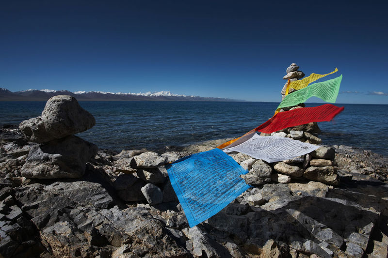 Prayer flags at lake namtso in tibet