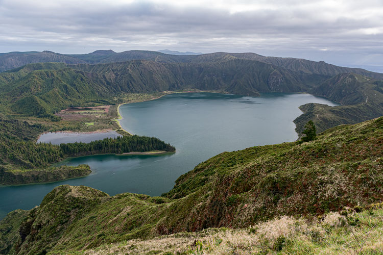 Panoramic view of the lagoa do fogo, volcanic caldera in the sao miguel island
