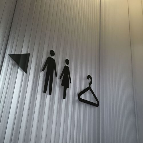 Close-up of restroom signs on wall