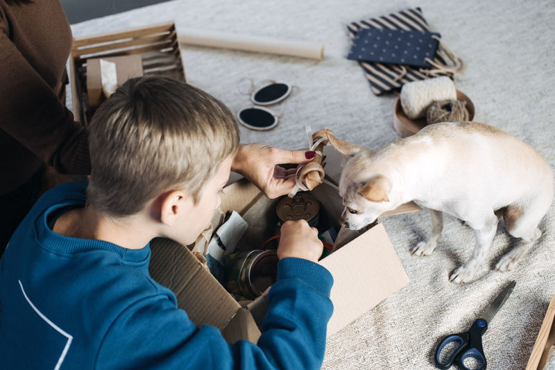Happy family mom and kid putting bone in pet subscription box for dogs. chihuahua dog and