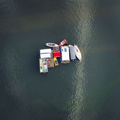 High angle view of ship floating on lake