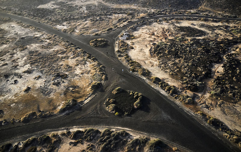 Spain, canary islands, aerial view of gravel roads of lanzarote island
