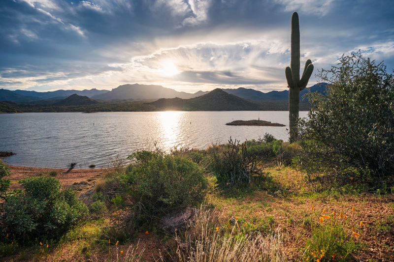 Scenic view of lake against sky during sunset