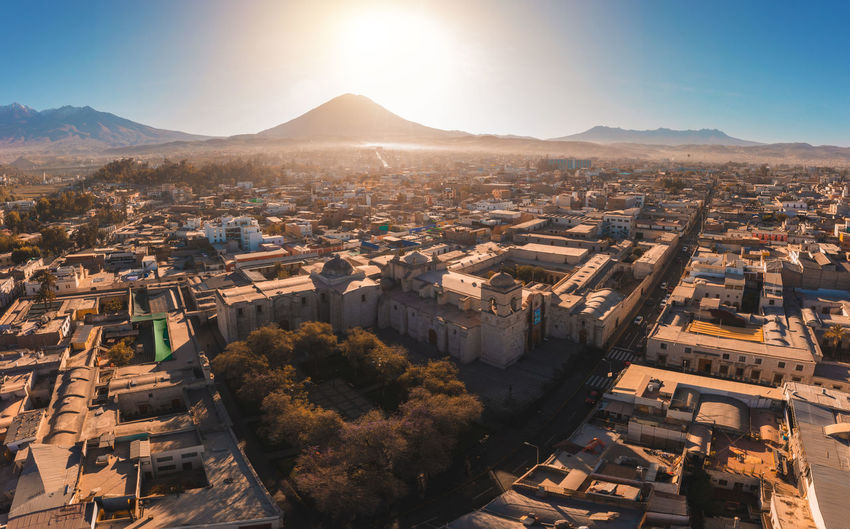 Panoramic view of san francisco church and vulcano mistic, arequipa, peru, sunset wide view.