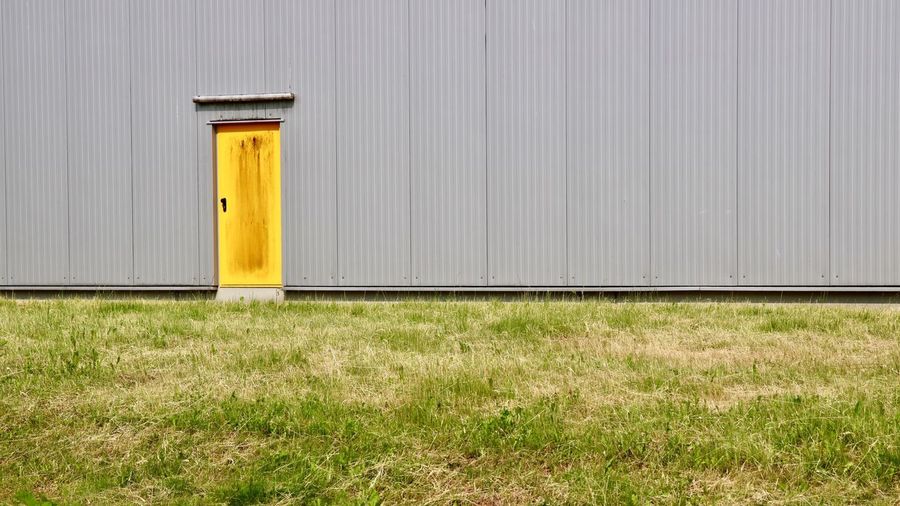 Yellow door on grass