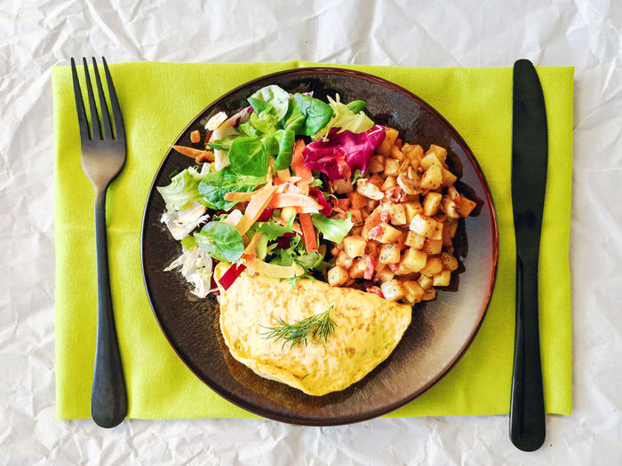 High angle view of food in plate on table