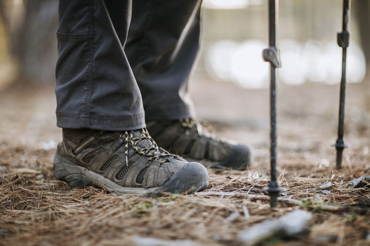 A close up of a hiker's boots and trekking poles in a pine forest