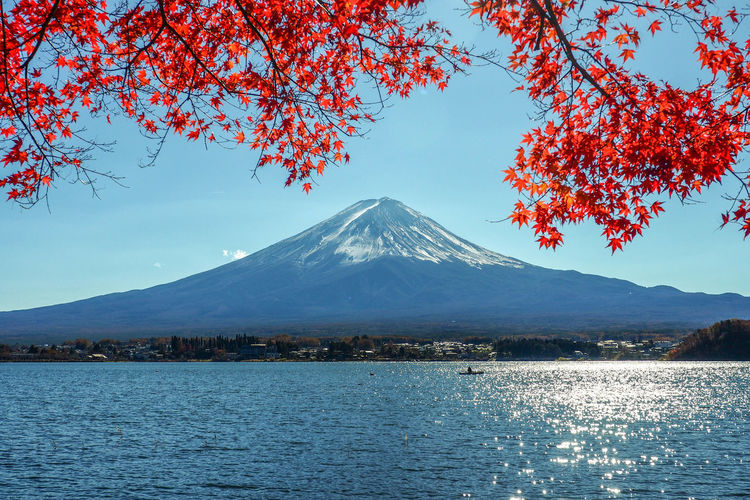 Scenic view of mt fuji against sky during autumn
