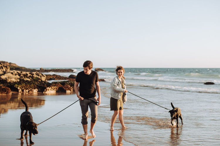 Happy couple with two labradors walking on shore at beach in portugal
