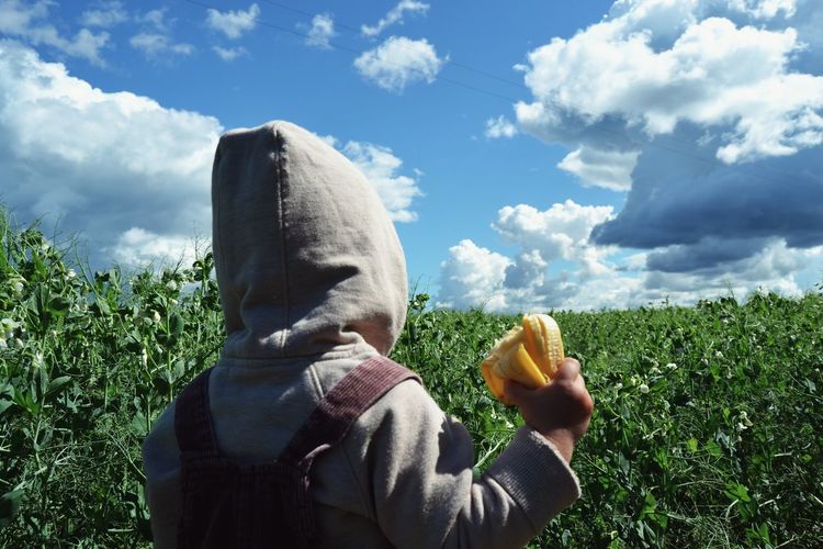 Rear view of boy holding banana while standing on field against sky