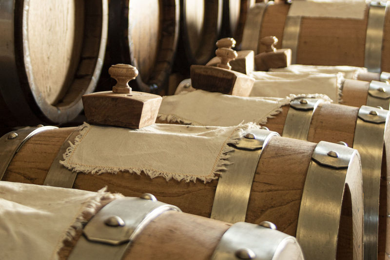 High angle view of barrels