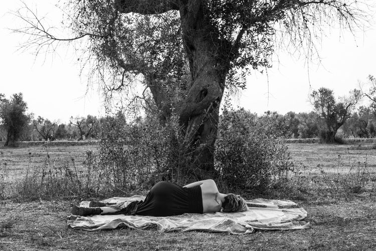 Woman lying down under an olive tree