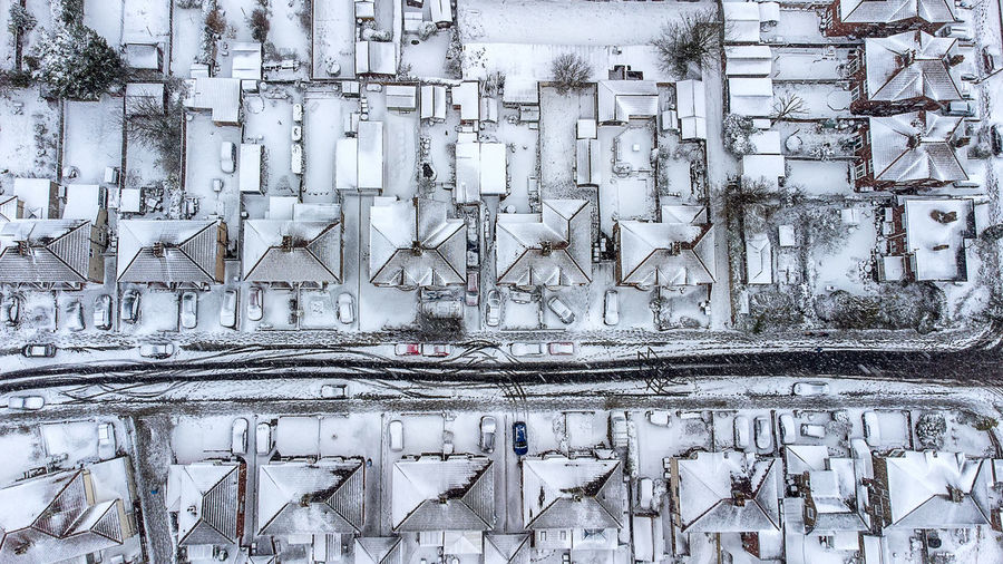 Aerial photo of drone footage of ipswich following heavy snowfall from storm darcy in february 2021