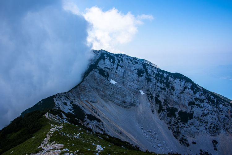 Low angle view of snowcapped mountains against sky