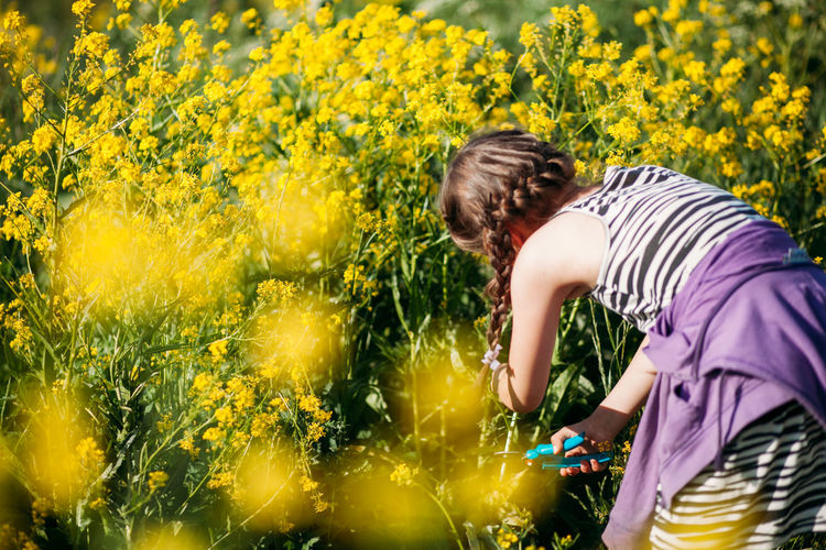 Side view of child standing on yellow flowering plants