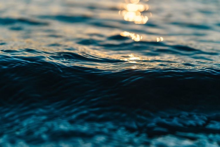 Surface level of sea waves during sunset