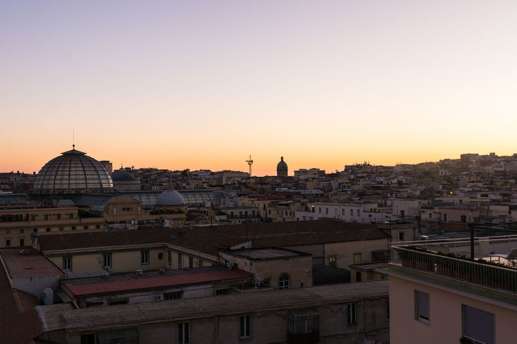 High angle view of townscape against sky during sunset
