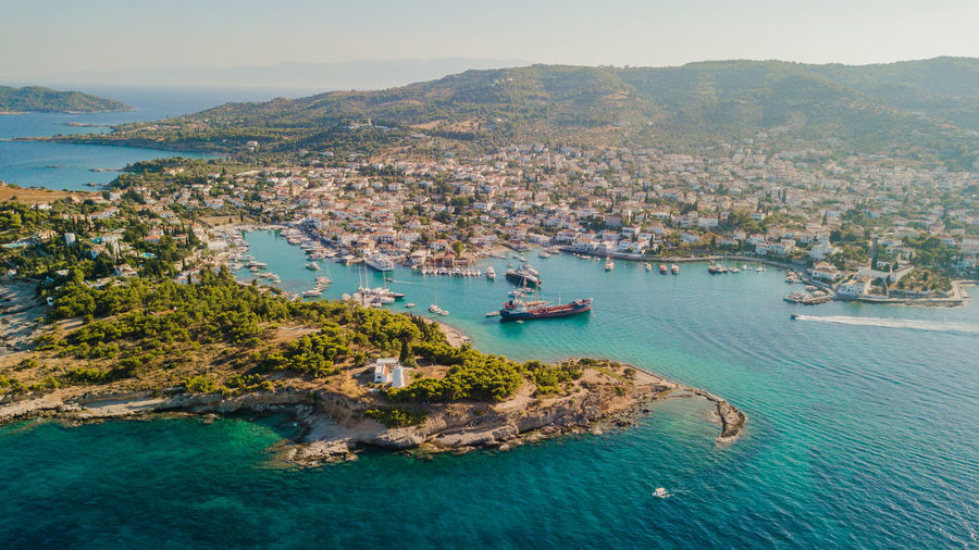 Aerial view of town situated by sea