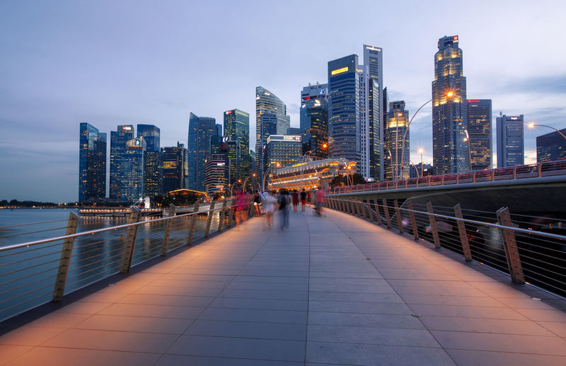 View to business bay from esplanade bridge at night, singapore