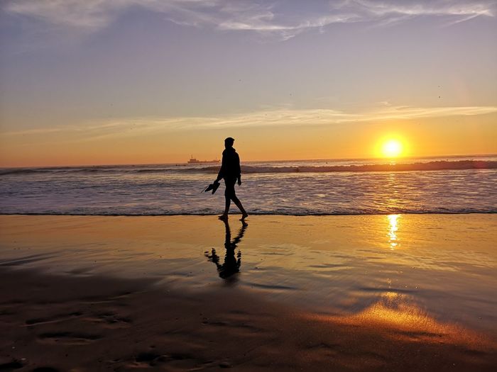 Silhouette man standing on beach against sky during sunset