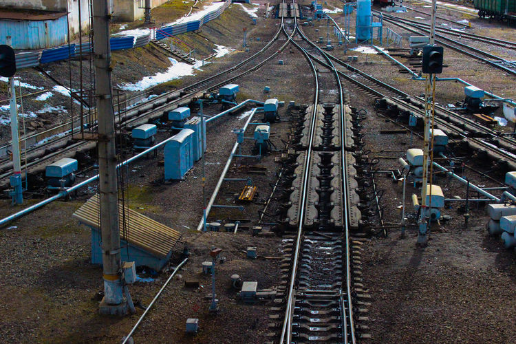 High angle detailed view of railroad tracks