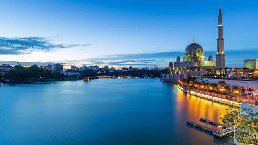 Orange light and blue hour at putra mosque, putrajaya, malaysia during world patient safety day 2020